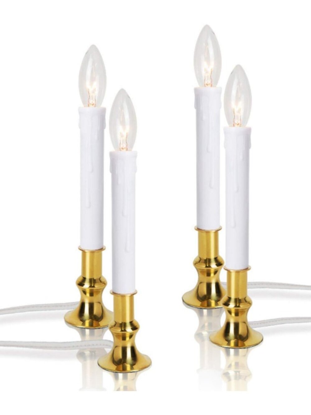 Set of 4 Electric Window Candles with Timer - Brass Base, UL Listed + 2 Bulbs